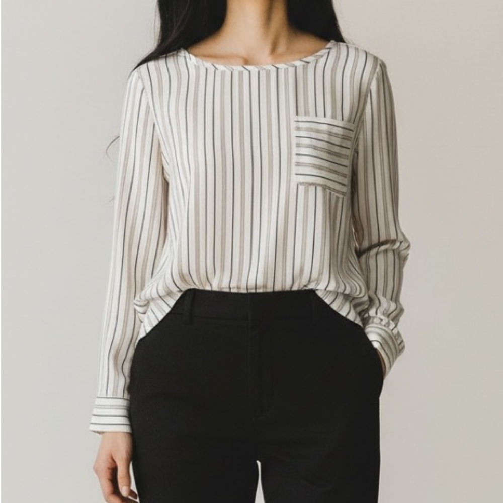 LOFT Ivory Stripe Long Sleeve Blouse Small